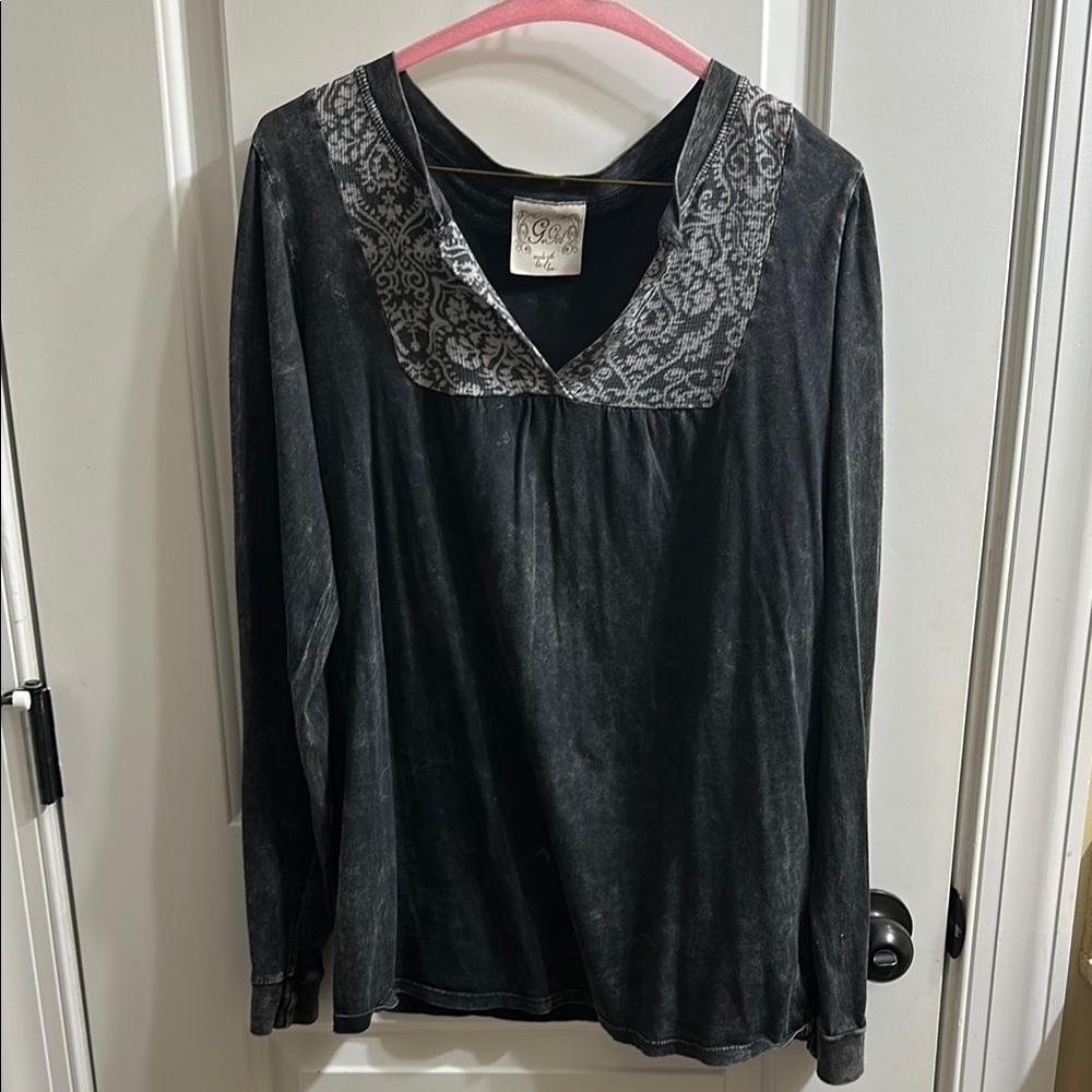 Black Long Sleeve Top with Patterned Collar